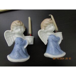 BIEDERMANN ANGEL CANDLE HOLDER SET OF 2 BLUE HOLIDAY CHRISTMAS JAPAN VINTAGE